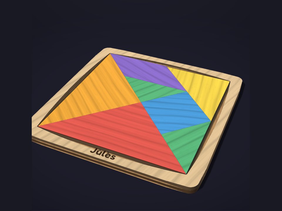 Tangram en bois coloré dans son plateau gravé au prénom Jules