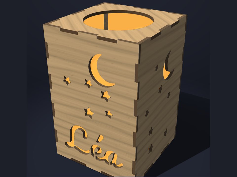 Veilleuse plaque acrylique gravée « Léa », lune et étoiles, éclairée sur son socle